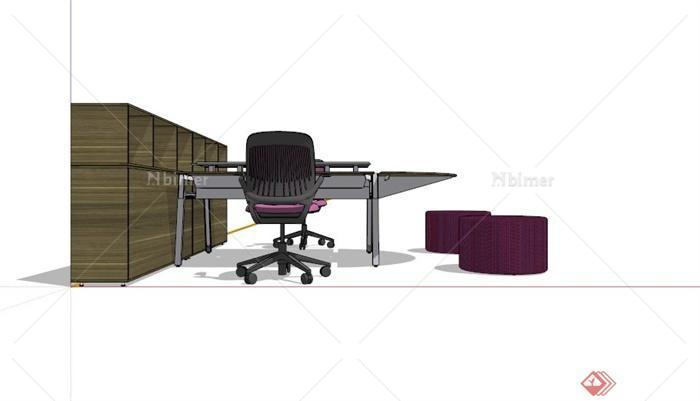 现代木制两人办公桌椅组合设计SU模型[原创]