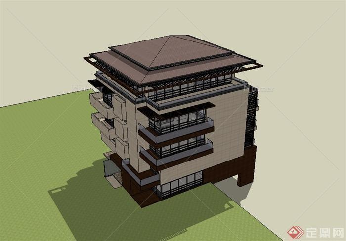 现代中式风格花园洋房住宅楼设计su模型[原创]