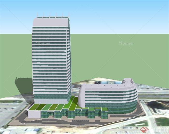 现代两栋新型办公楼建筑设计SU模型