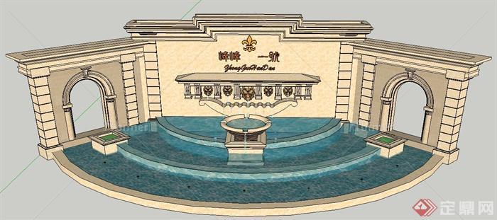 欧式喷泉跌水景墙设计su模型