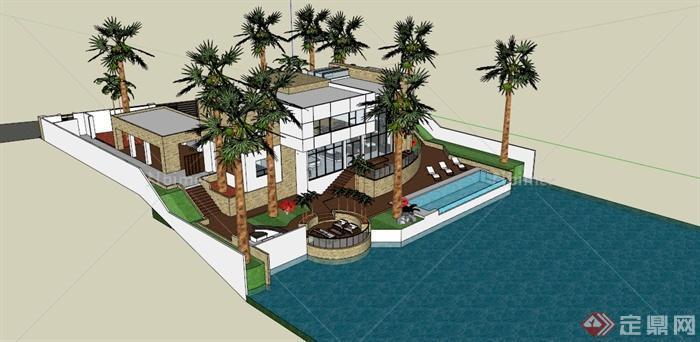 建筑设计私人豪华泳池别墅设计SU（草图大师）模