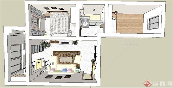 现代风格住宅客厅、卧室、卫生间室内设计su模型