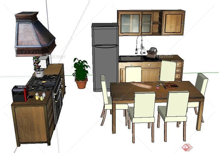 现代风格厨房橱柜及餐桌椅su模型