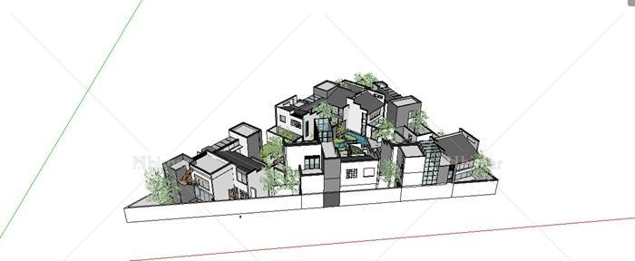 现代中式小型别墅区建筑设计su模型