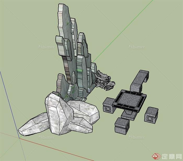 园林景观节点景石、石桌椅、龙头雕塑等设计SU模