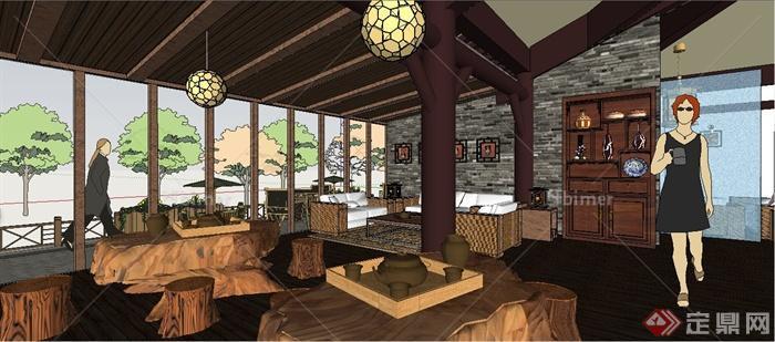 中式风格单层餐厅室内及建筑外观设计su模型[原创
