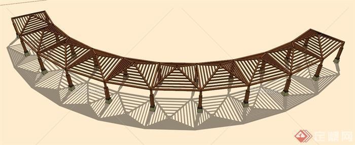 现代木制弧形廊架设计su模型