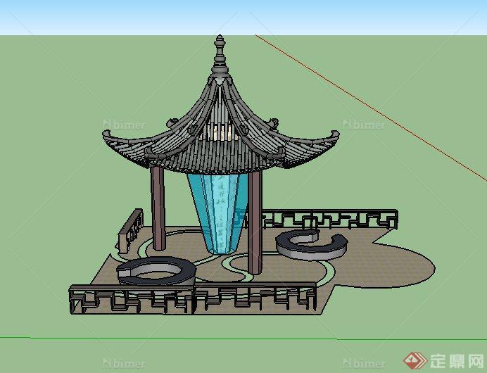 某古典中式景观六角亭设计SU模型