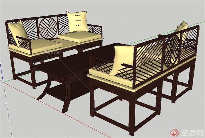 中式风格沙发与茶几su模型