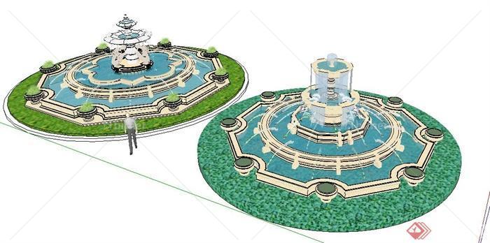 两款精美欧式喷泉跌水水池设计su模型[原创]