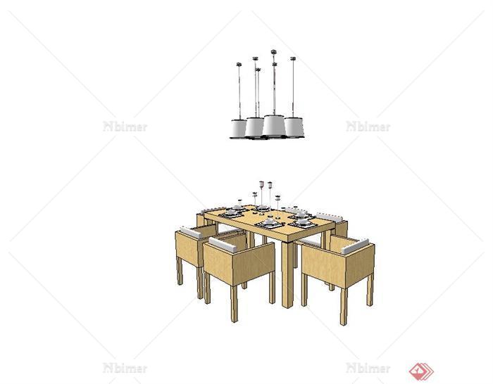 某现代餐厅六人桌、吊灯设计su模型