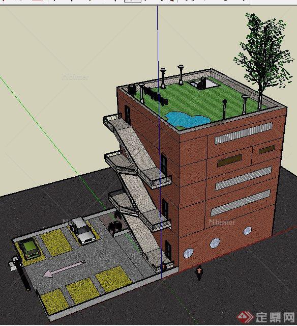 现代三层公寓建筑设计su模型