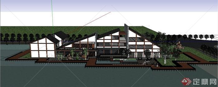 某现代中式风格精致滨水会所建筑设计SU模型[原创
