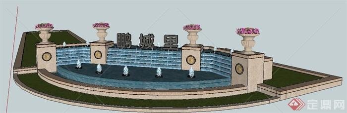 现代入口标识喷泉水池设计su模型[原创]