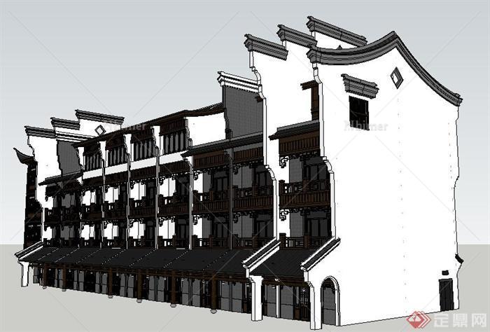 古典中式四层沿街商铺建筑设计su模型