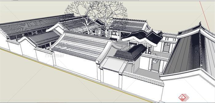 中式经典四合院建筑设计su模型（白模）[原创]