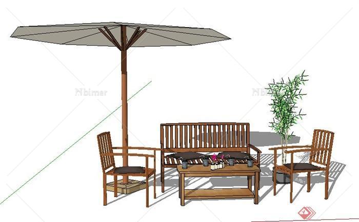 中式风格庭院沙发茶几及遮阳伞su模型