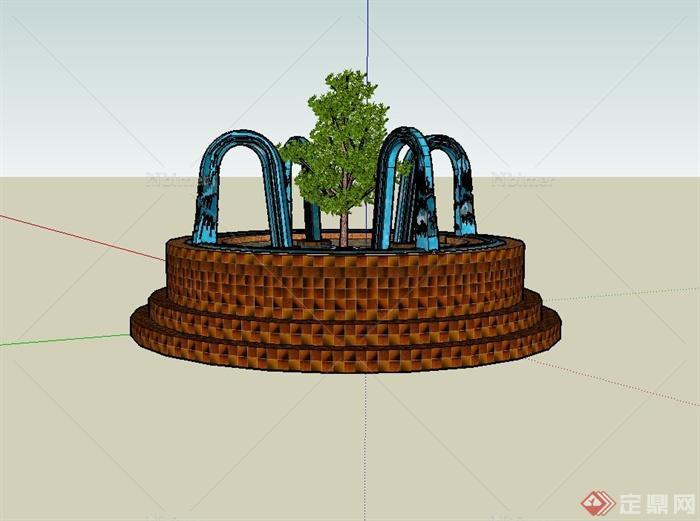 精致圆形喷泉水池设计su模型