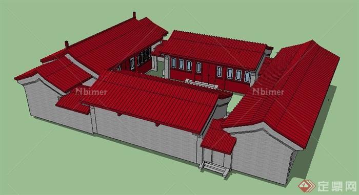 中式风格红瓦四合院建筑设计su模型[原创]