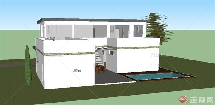 现代风格自建两层住宅建筑带车库、游泳池设计SU