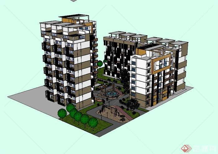 某现代风格住宅小区楼及景观整体规划设计su模型
