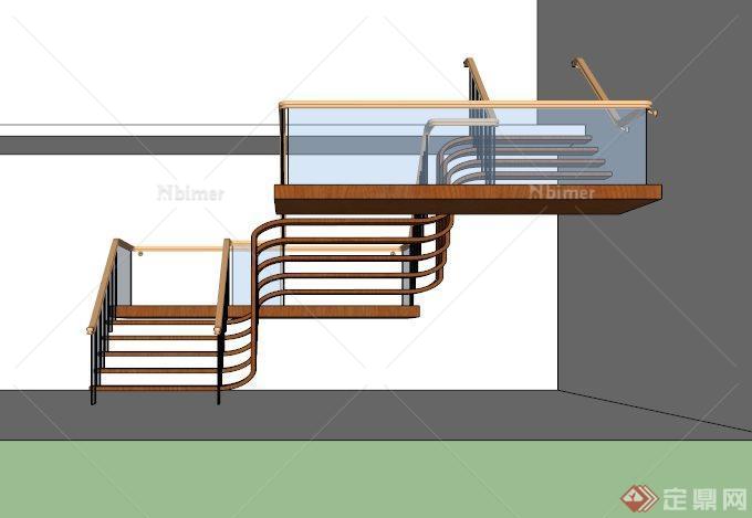 现代室内玻璃围栏木楼梯设计SU模型[原创]