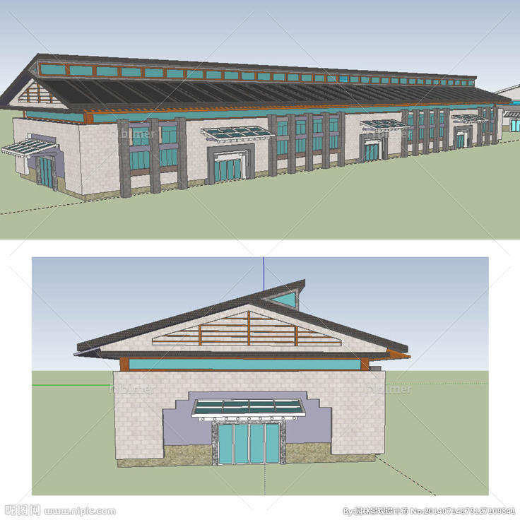 中式厂房建筑SU模型图片