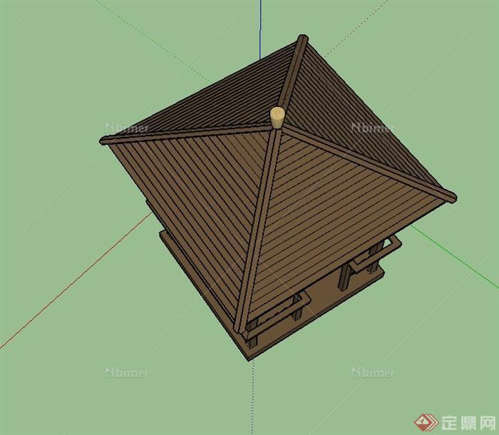 园林景观木制四角凉亭设计SU模型