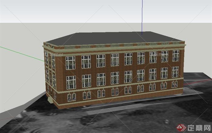 某三层黄色小学教学楼建筑设计SU模型