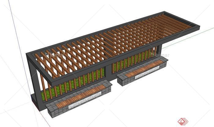 中式简约廊架坐凳设计SU模型