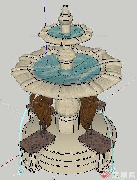 园林景观仙鹤喷水景观su模型