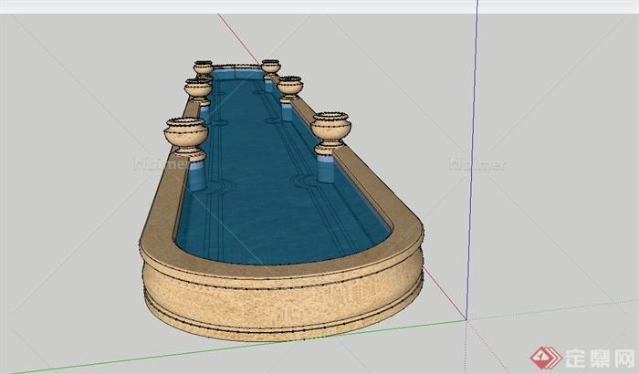 某欧式椭圆水池设计su模型含花钵