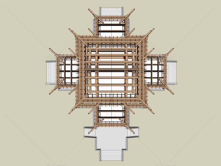 古代殿堂两框架结构，中式风格，一层