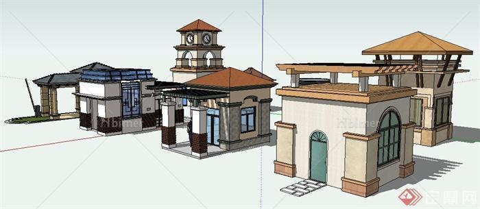 多种风格保安亭、凉亭、假山su模型