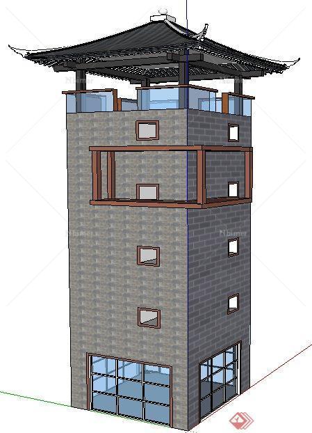现代中式风格观景塔楼设计su模型