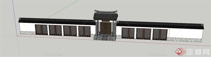 中式宅院门和围墙设计SU模型