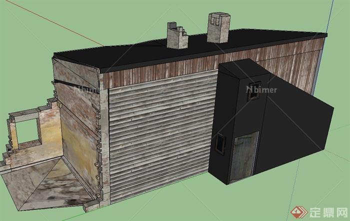 某两层木质住宅废墟设计SU模型