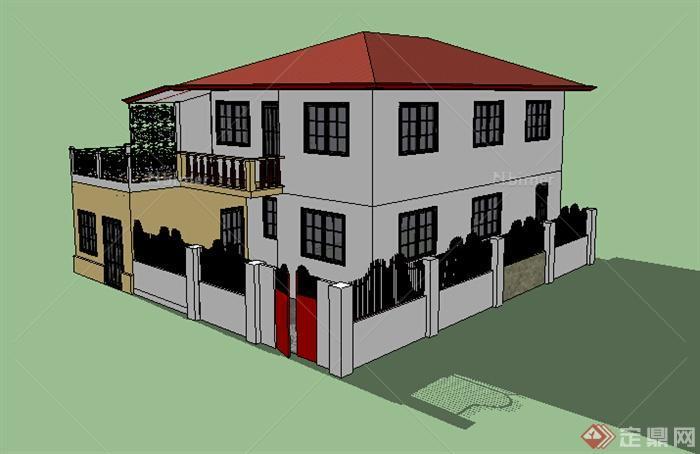 现代风格两层住宅建筑带围墙小院设计su模型
