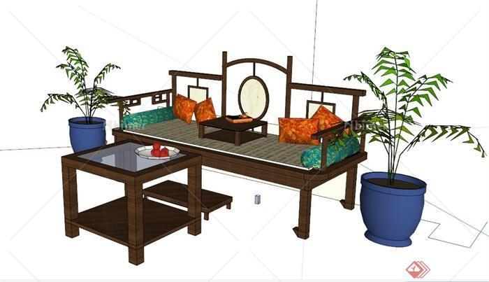 中式风格罗汉床、茶几、盆栽su模型