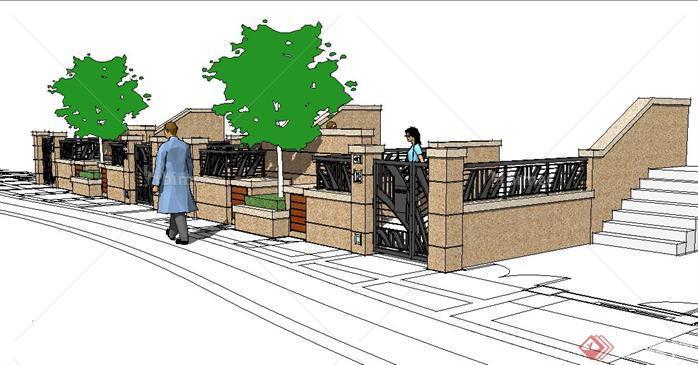 某联排别墅区围墙景观设计SketchUp(SU)3D模型