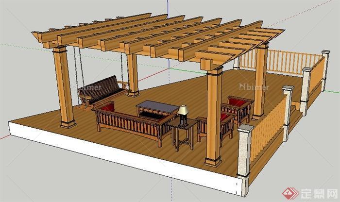 中式风格休闲木平台凉亭组合su模型