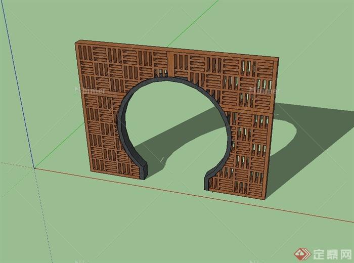 现代中式景墙廊门设计su模型[原创]