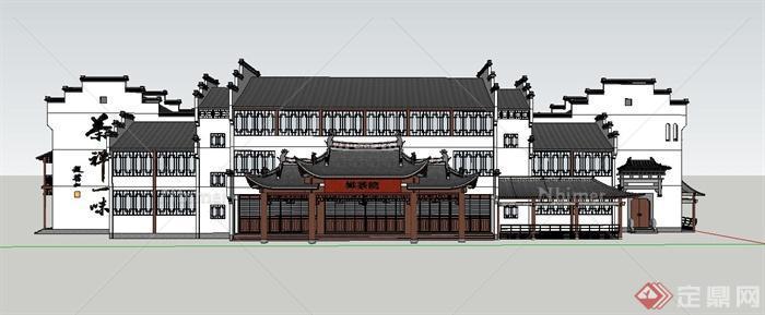 古典中式两层组合式茶楼建筑设计SU模型