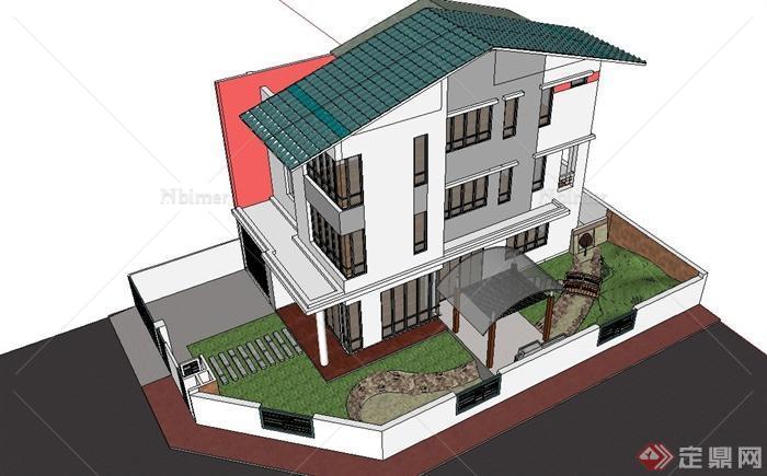 某三层住宅楼建筑设计SU模型（带庭院）