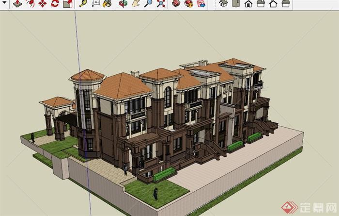 欧式三层豪华住宅别墅建筑设计SU模型