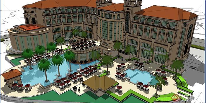 某西班牙风格酒店建筑方案设计SU模型（带精细泳