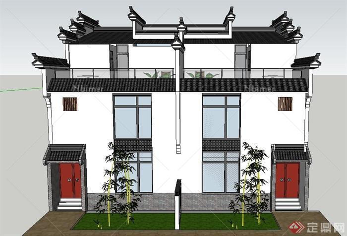 古典中式徽派双拼三层别墅建筑设计SU模型