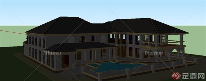 新古典风格两层别墅带游泳池建筑设计SU模型
