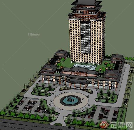 某中国古典风格高层酒店建筑设计模型SU格式[原创