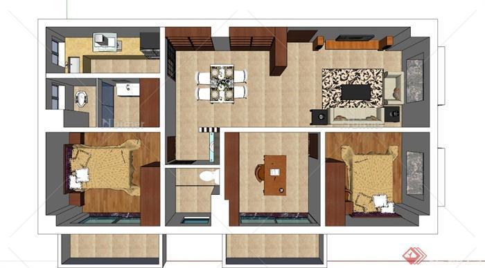 某两室两厅住宅空间家装设计SU模型